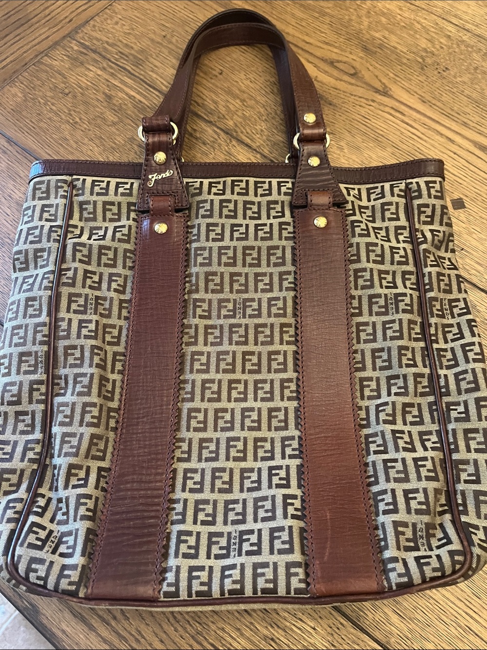 Fendi Brown & Beige Zucca Monogram Canvas Tote with Dark Brown Leather Straps